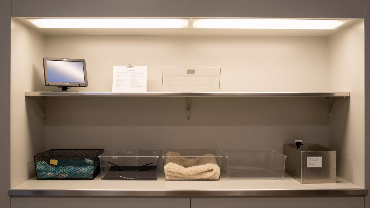 Kennel Monitor Shelf with Tags and Bins in Naples in inside a fish bagging counter zone in Naples