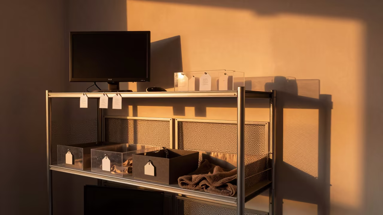 Kennel Monitor Shelf with Tags and Bins in Rajshahi in inside an adoption room in Rajshahi