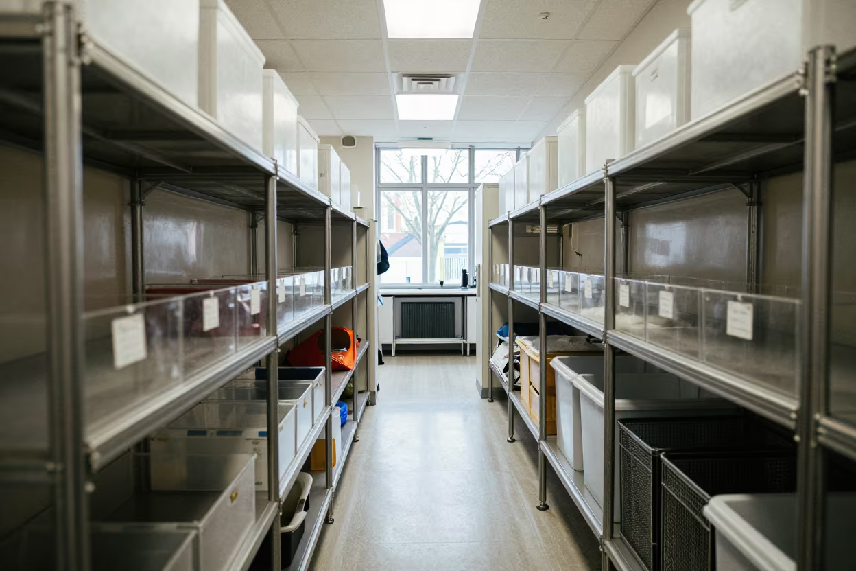 Kennel Monitor Shelf With Tags And Bins in in a boarding kennel corridor in City of Westminster