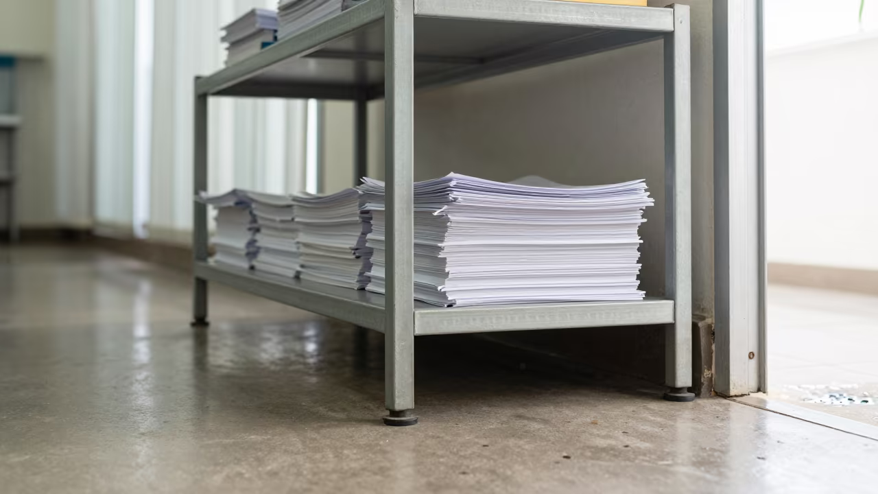 Kennel Paperwork Shelf Monsoon Morning in in a boarding kennel corridor near Antananarivo