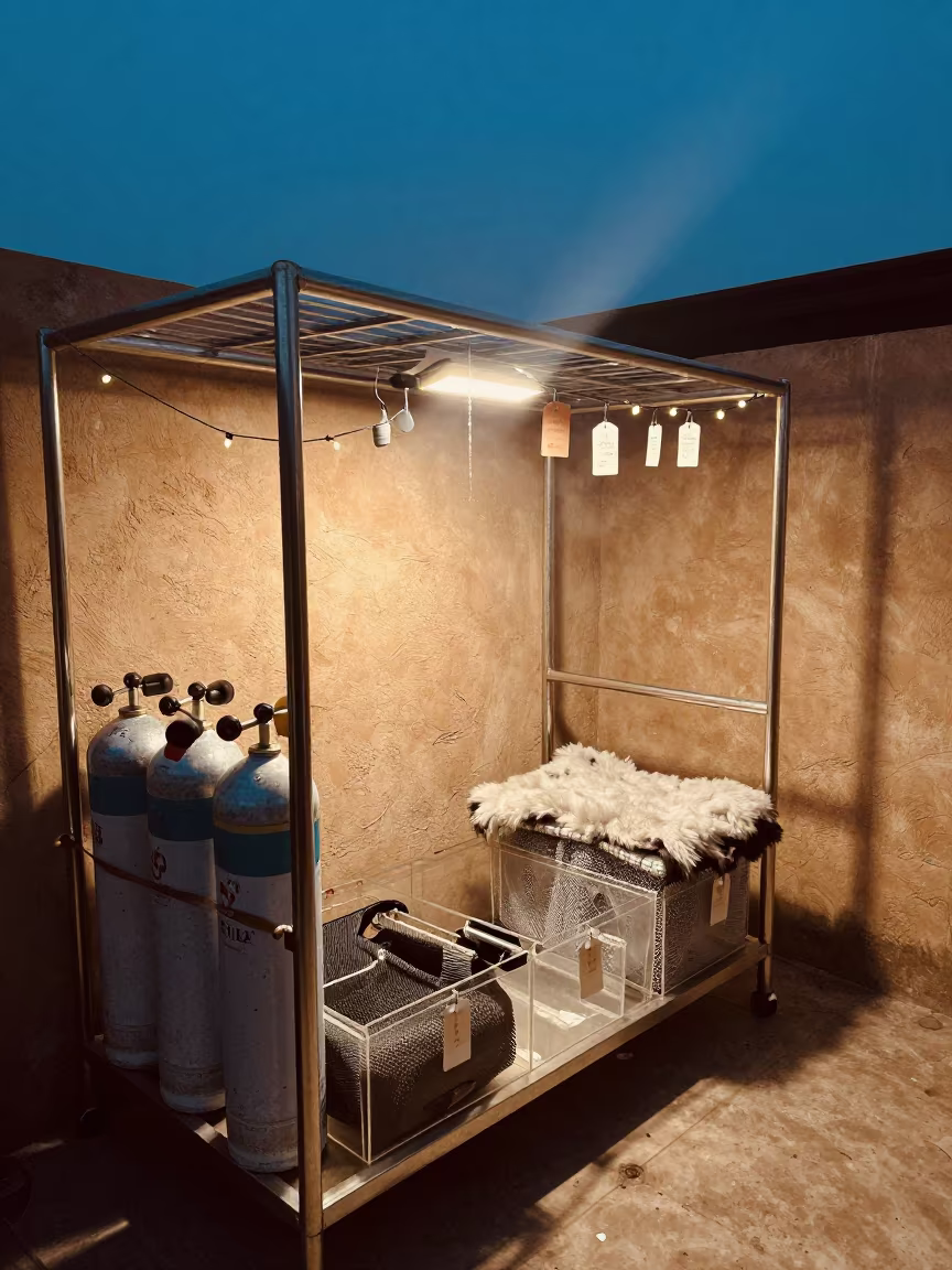 Kennel Rack with Oxygen Canisters and Bins in inside a grooming bay in Sheikhupura