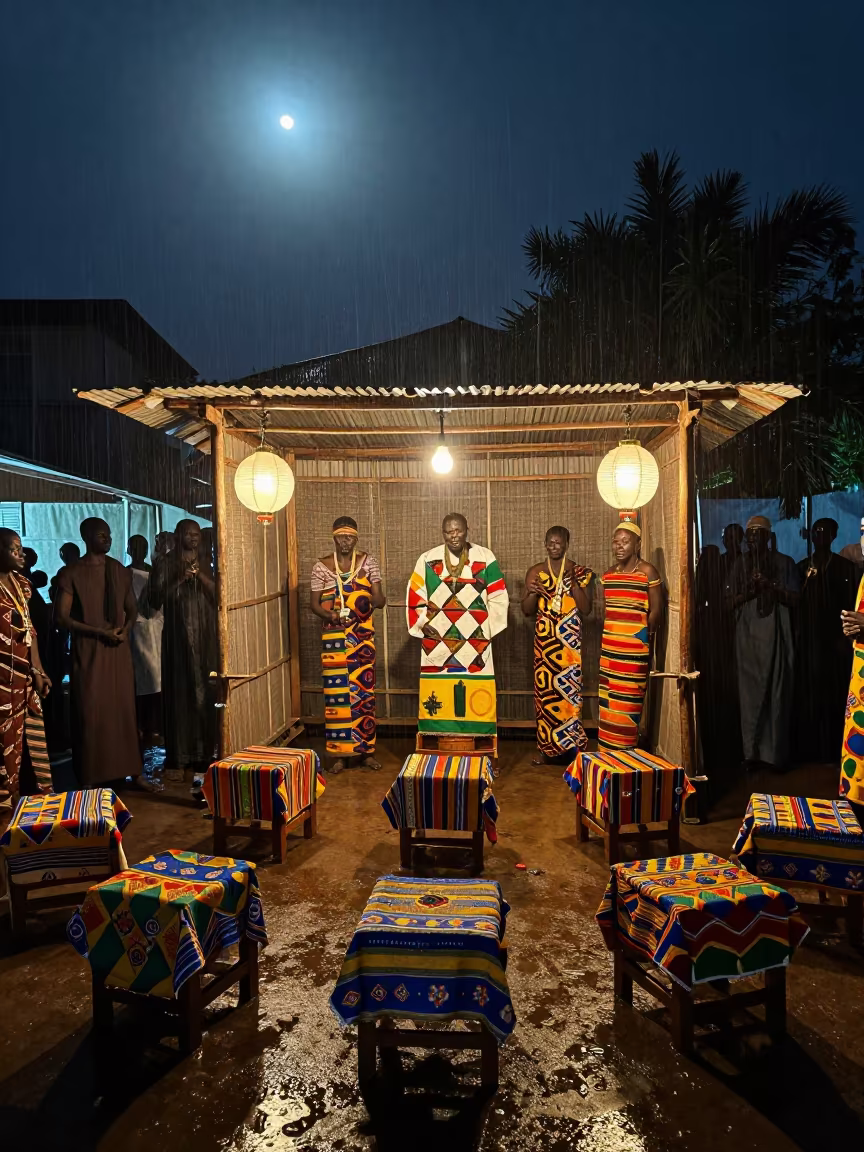 Kente Draped Stools in Lagos Shrine Rain in in a shrine lined with lanterns near Yaba, Lagos