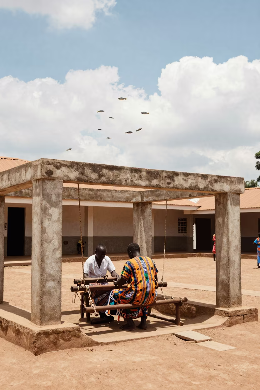 Kente Weaver and Airborne Fish in Kumasi Hall in in a prayer hall in Kumasi