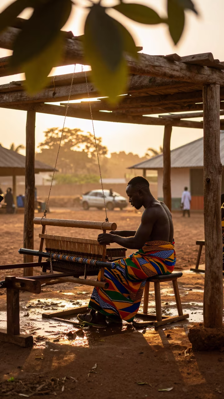 Kente Weaver in Amber Light Inside Prayer Hall in in a prayer hall in Osu, Accra
