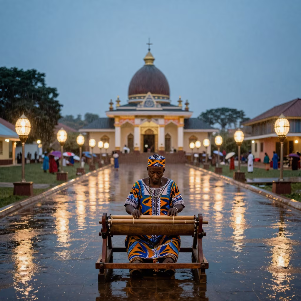 Kente Weaver at Lagos Shrine Loom in in a shrine lined with lanterns in Lagos