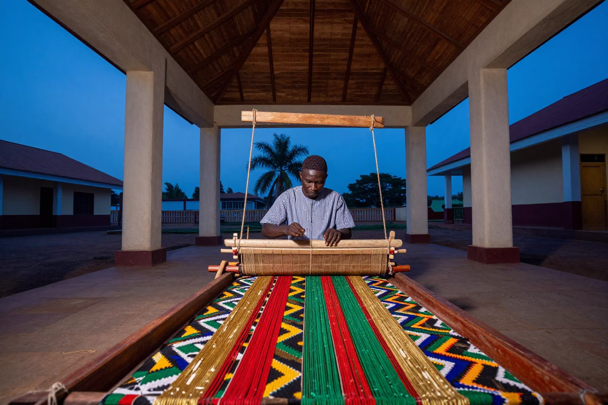 Kente Weaver at Loom in Kumasi Prayer Hall Twilight in in a prayer hall near Kumasi