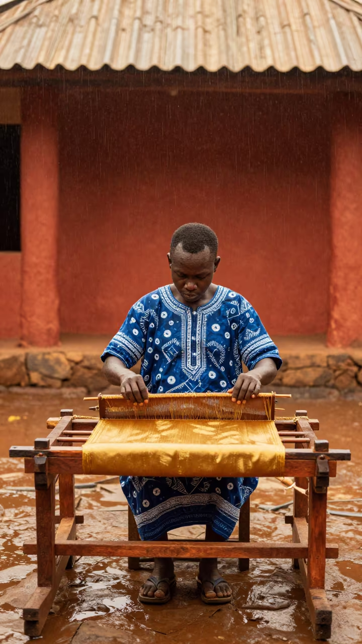 Kente Weaver Threads Golden Silk in Accra Courtyard in in a temple courtyard in Nima, Accra