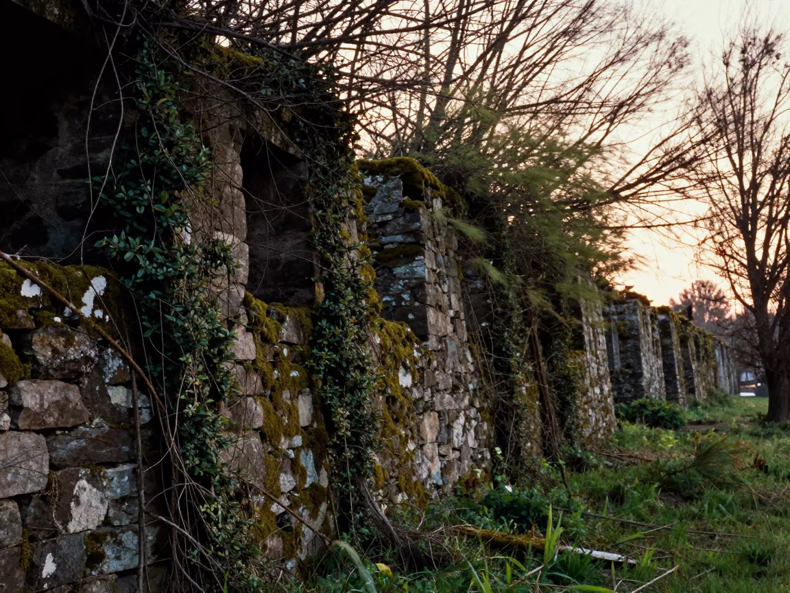 Kentucky Fort Ruin Mossy Wall Silhouette in along a vine-choked corridor in Kentucky