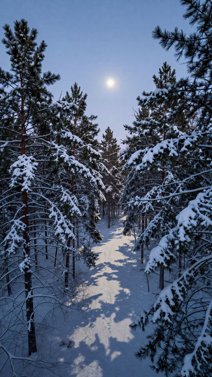Kentucky Pine Forest Under Moonlit Snow in in Kentucky