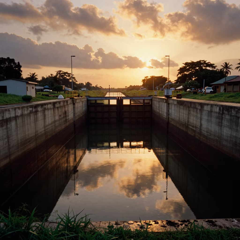 Kenya Lock Chamber Reflecting Amber Sky in at a canal lock chamber in Kenya