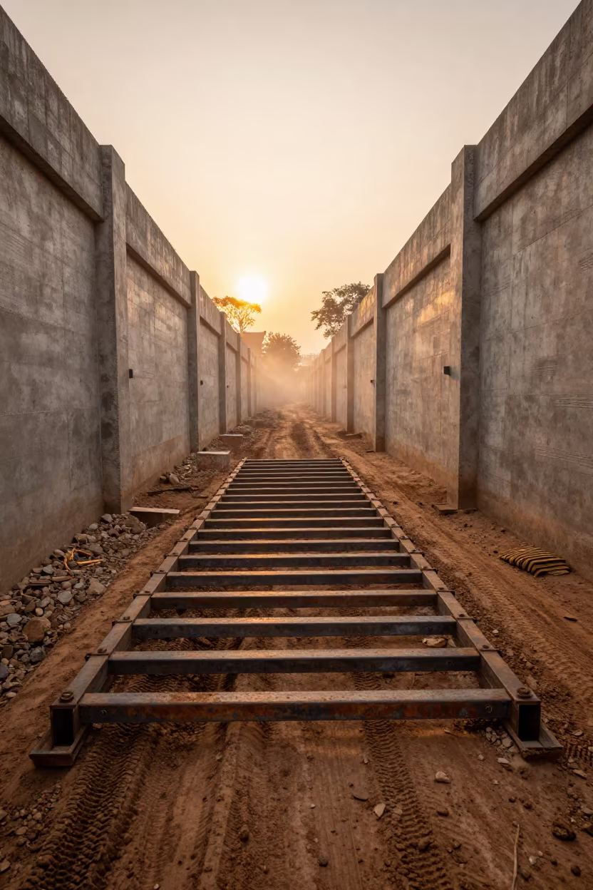 Kenyan Crane Pad Corridor in Evening Fog in at a muddy site access road in Kenya