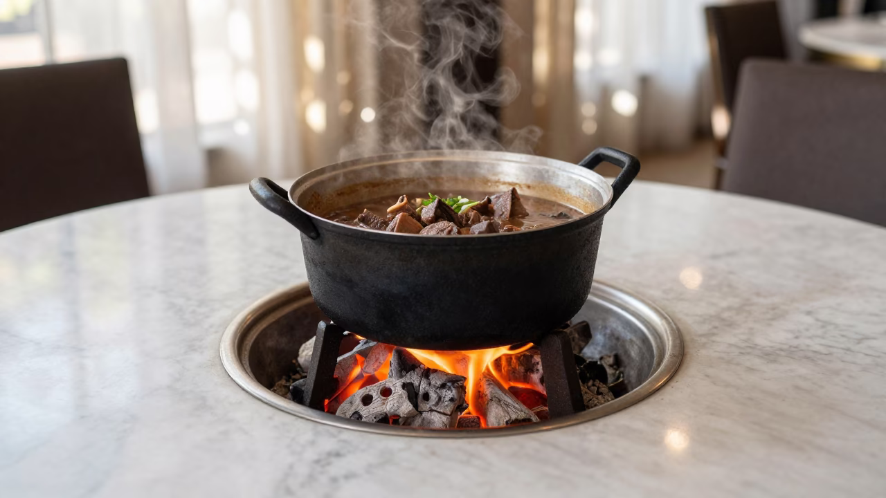 Kenyan Nyama Choma on Marble Cafe Table in on a marble cafe table in Osh