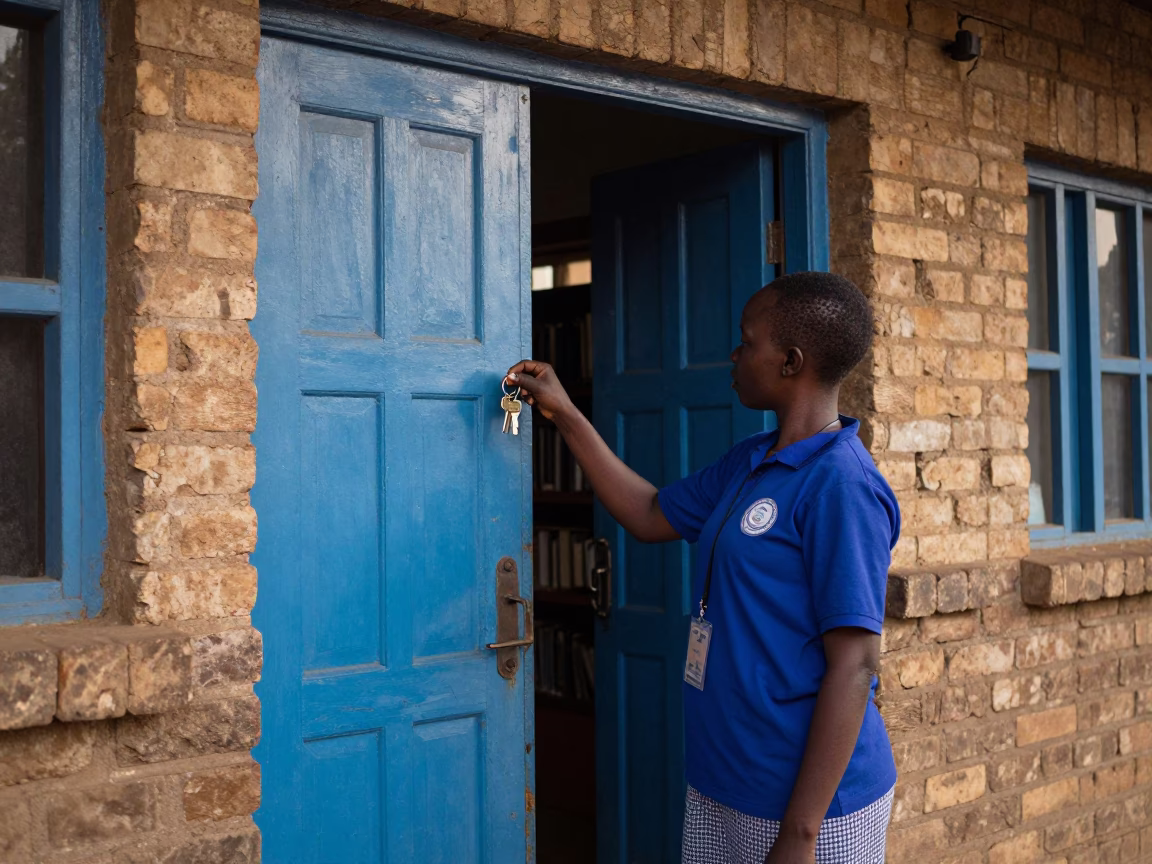 Kenyan Teacher Unlocking School Library Before Sunrise in Nairobi Kenya in in Nairobi, Kenya