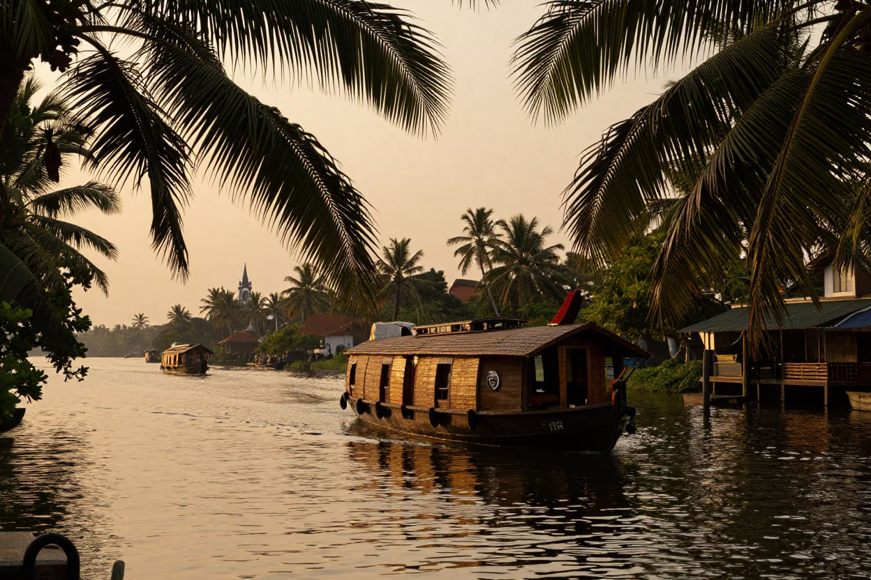 Kerala Backwater Houseboat at Dusk with Signet Ring and Pomegranate in in Kochi, India