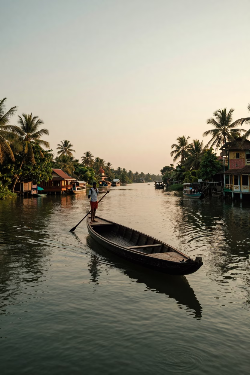 Kerala Backwaters at Dusk: Punt Navigation Near Historic Fort Kochi Gardens in in Kochi, India