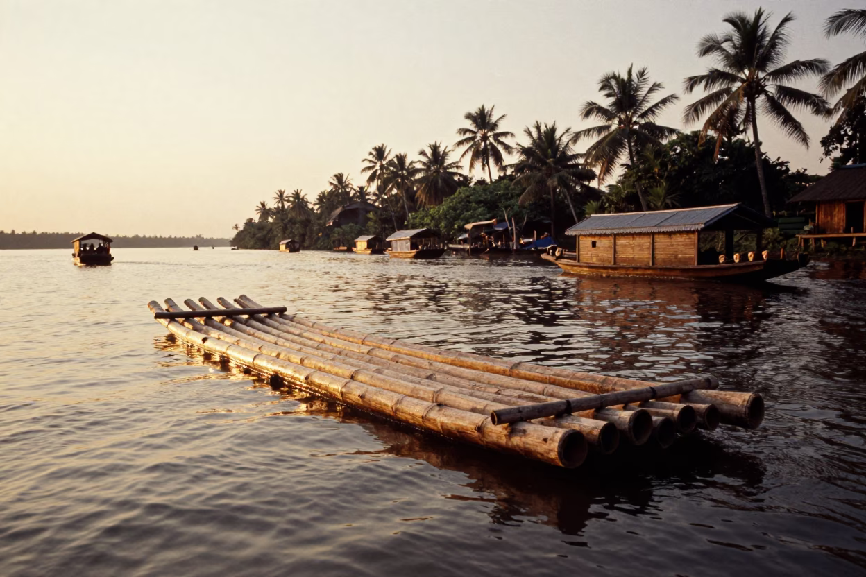 Kerala Backwaters Bamboo Raft Drifting Through Honeyed Evening Light in Kochi India in in Kochi, India