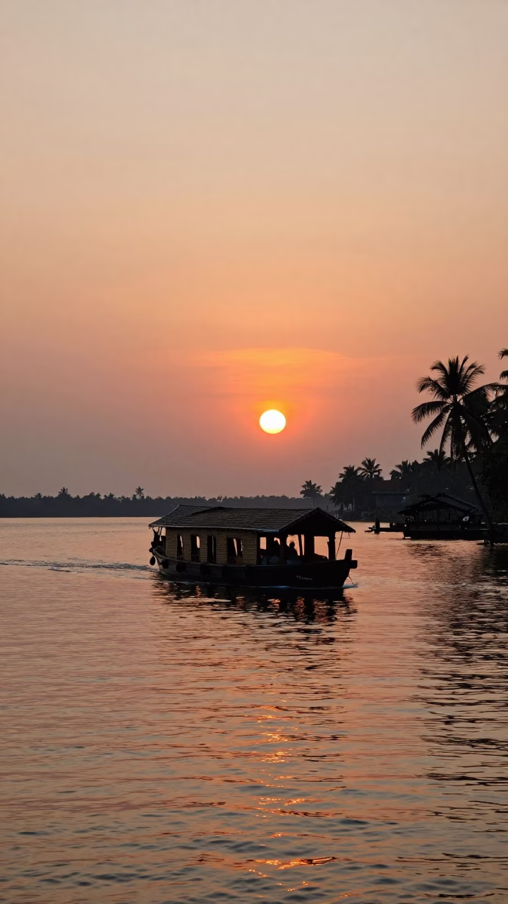 Kerala Backwaters Sunset with Houseboat and Fishing Kayak in Kochi India in in Kochi, India