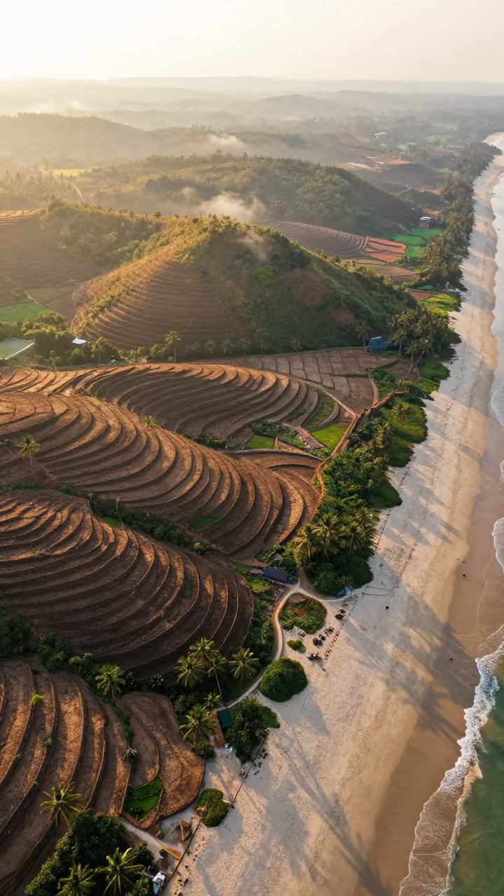 Kerala Hills Beach Aerial Golden Hour in far above terraced hillsides in Kerala