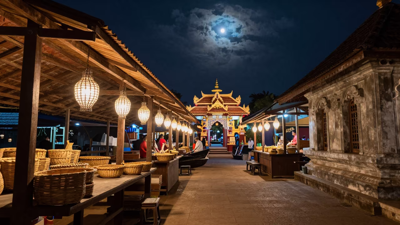 Kerala Houseboat Market Night in Da Nang Shrine in in a shrine lined with lanterns in Da Nang
