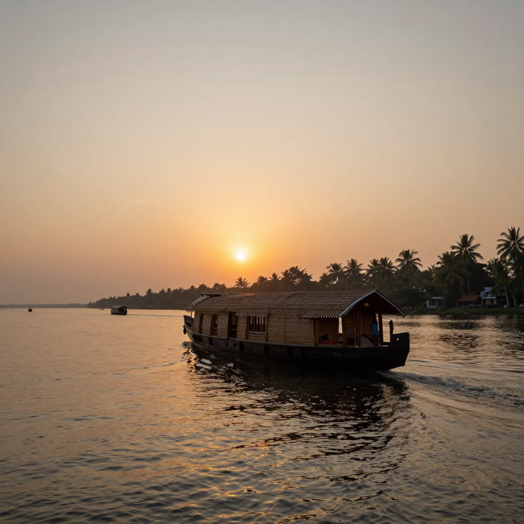 Kerala Houseboat Sunset Cruise on Backwaters Kochi India Evening Light in in Kochi, India