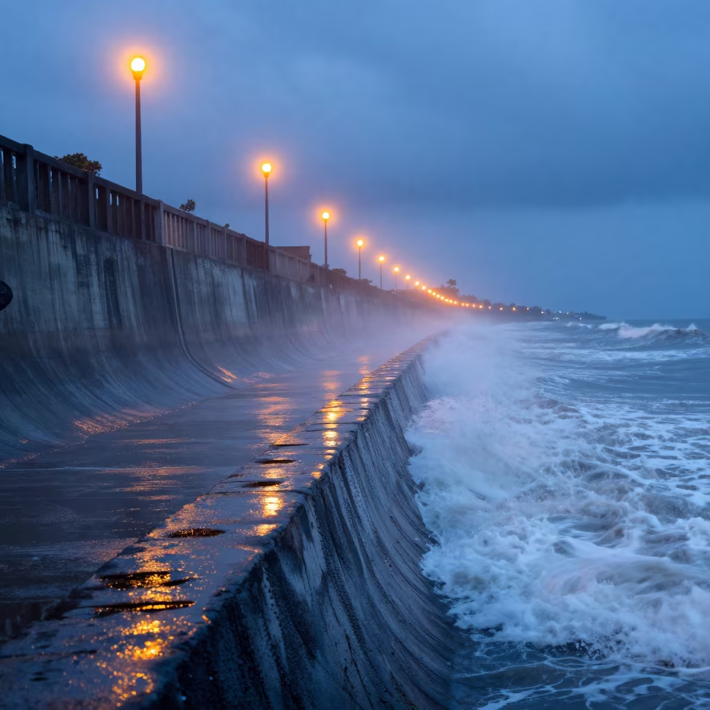 Kerala Monsoon Spillway Glow at Twilight in above a spillway chute with spray rising in Kerala