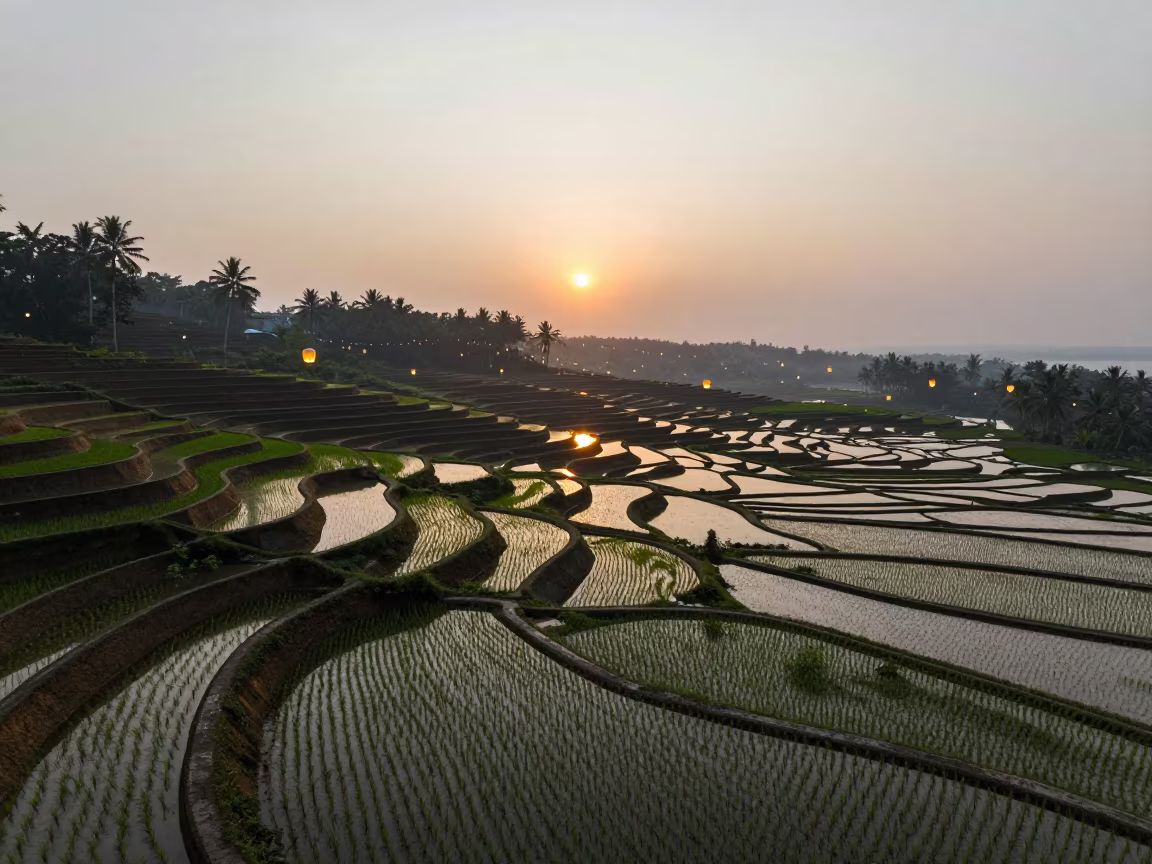 Kerala Rice Terraces Dawn Giant Lanterns in along freshly irrigated rows in Kerala