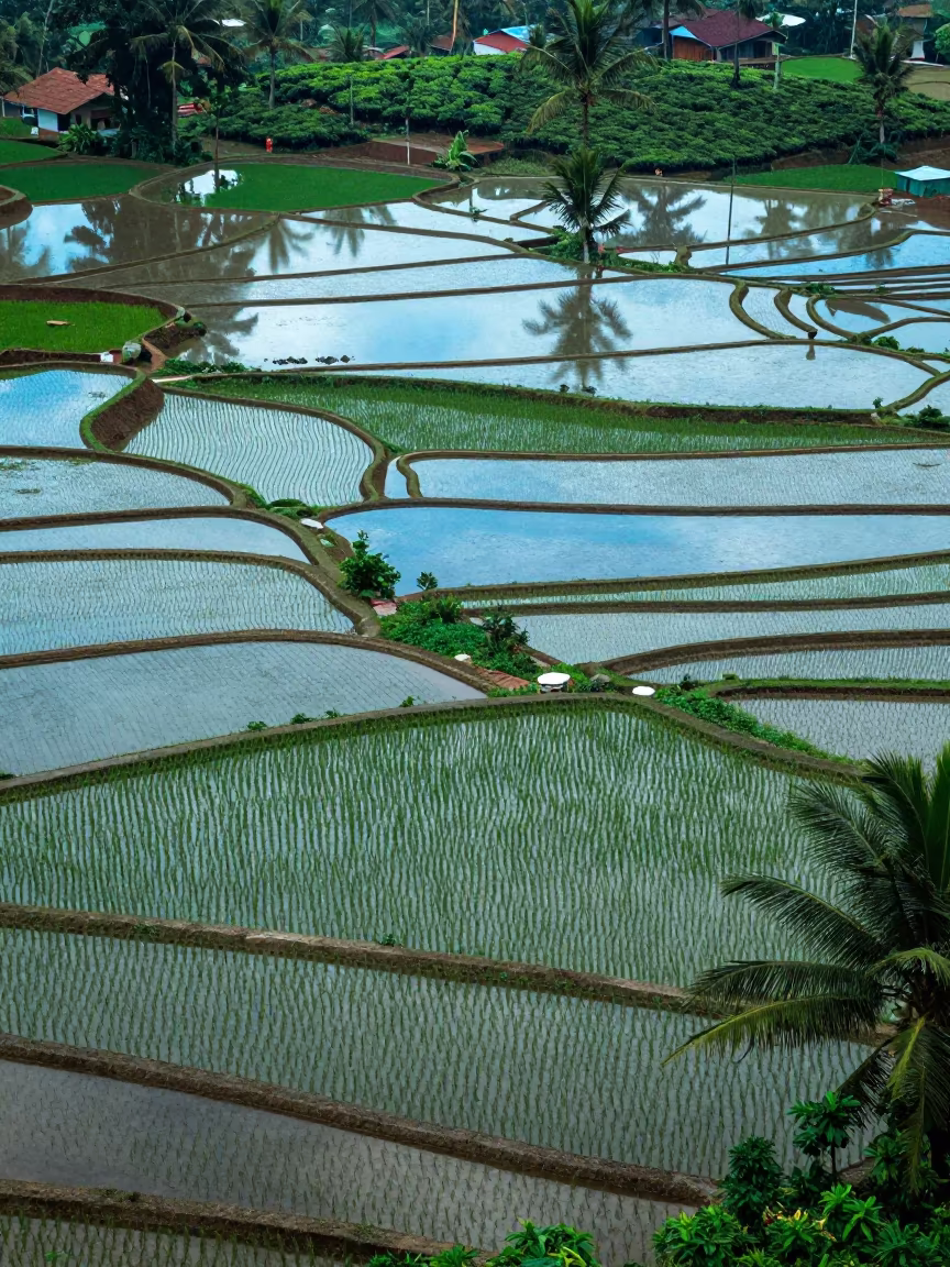 Kerala Rice Terraces Reflecting Clouds in at the edge of a tea plantation in Kerala