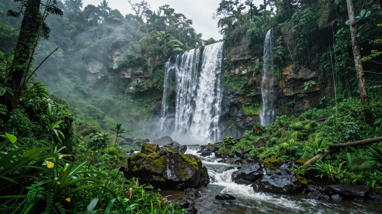 Kerala Waterfall in Monsoon Valley After Rain in across a wide valley floor in Kerala