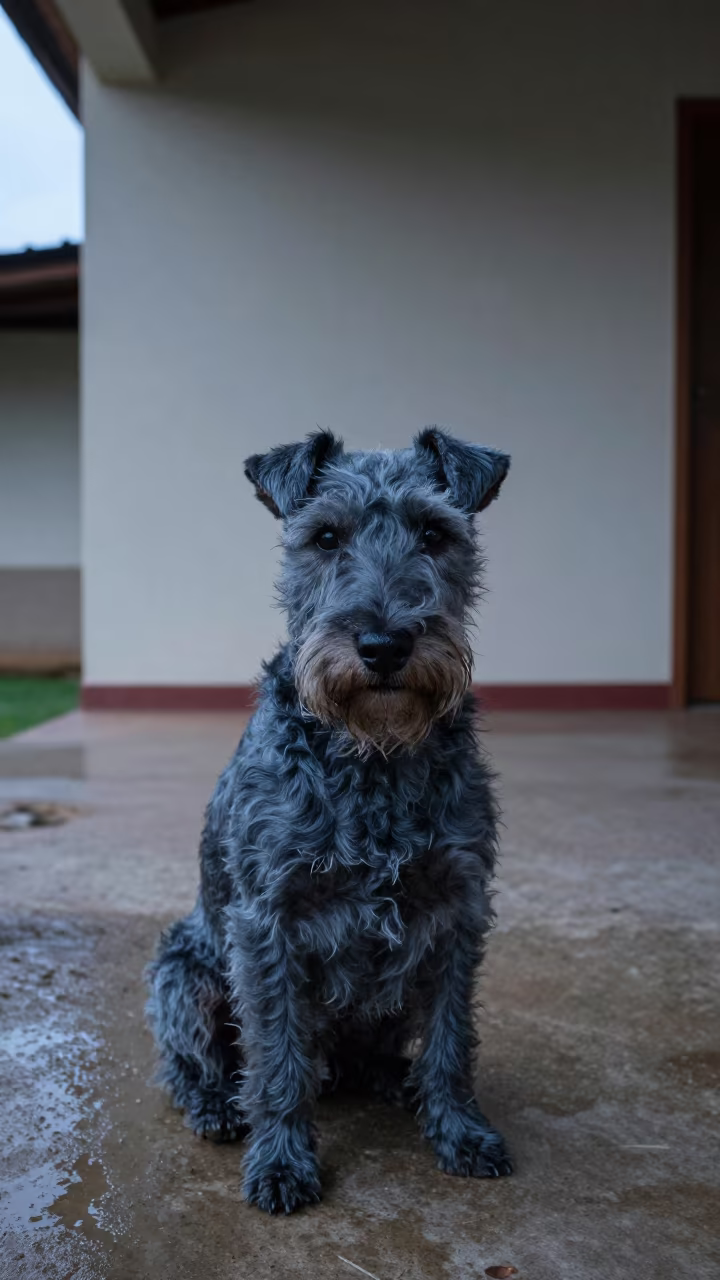 Kerry Blue Terrier on Machala Porch Before Dawn in beside a plain courtyard wall in clear daylight with the animal at eye level in Machala