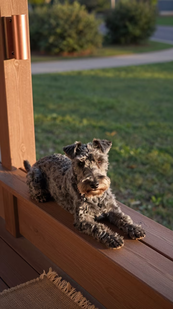 Kerry Blue Terrier on Porch Ledge in Golden Light in along a quiet park path with soft open shade and a clean background near Chicago