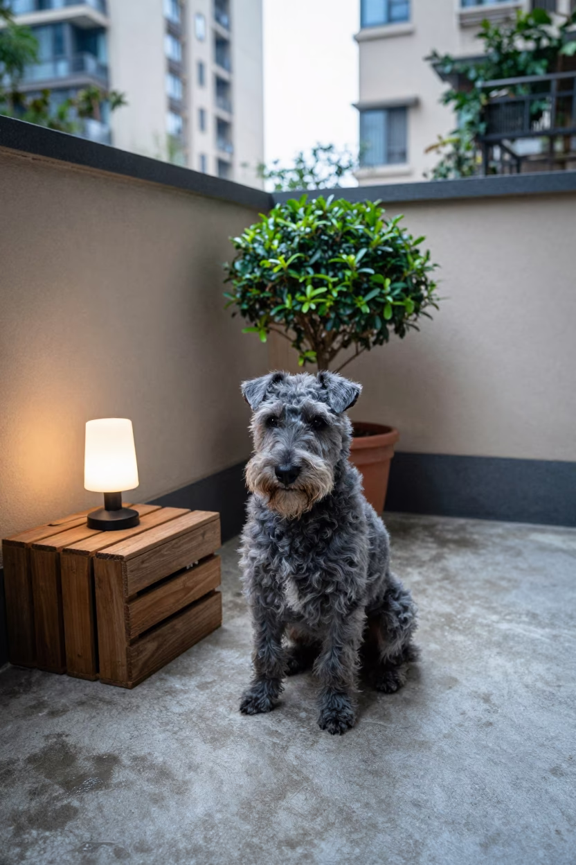 Kerry Blue Terrier on Shaded Porch Garden Edge Shenzhen in near a garden edge with soft morning light and an uncluttered background near Shenzhen