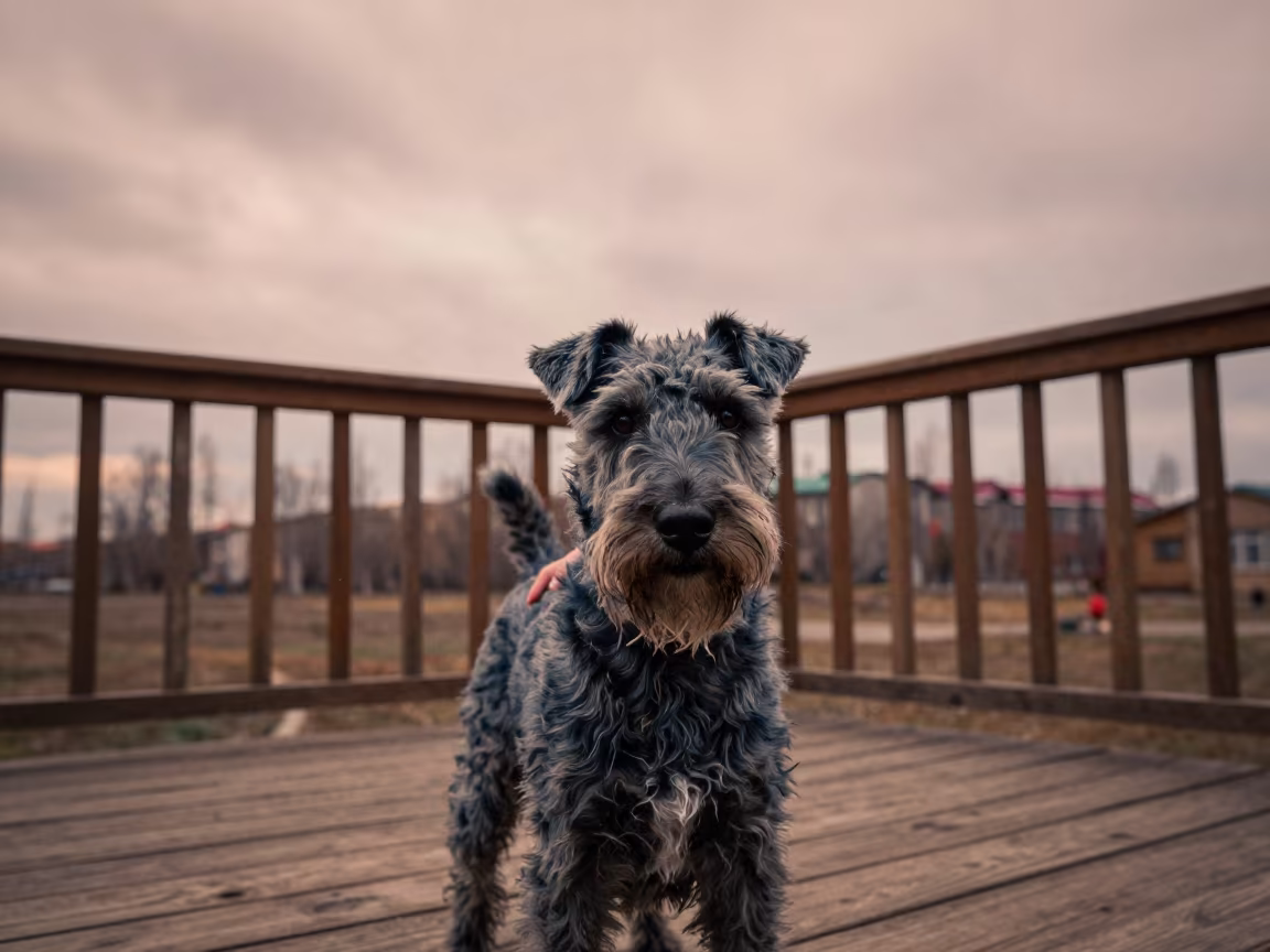 Kerry Blue Terrier on Yekaterinburg Porch in on a shaded front porch with boards, railings, and eye-level framing near Yekaterinburg