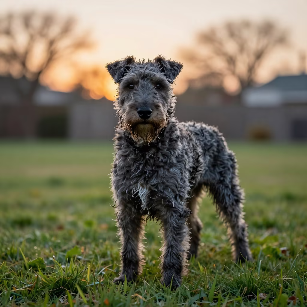 Kerry Blue Terrier Portrait in San Antonio Yard in in a small yard with clipped grass, calm light, and the animal centered in frame in San Antonio