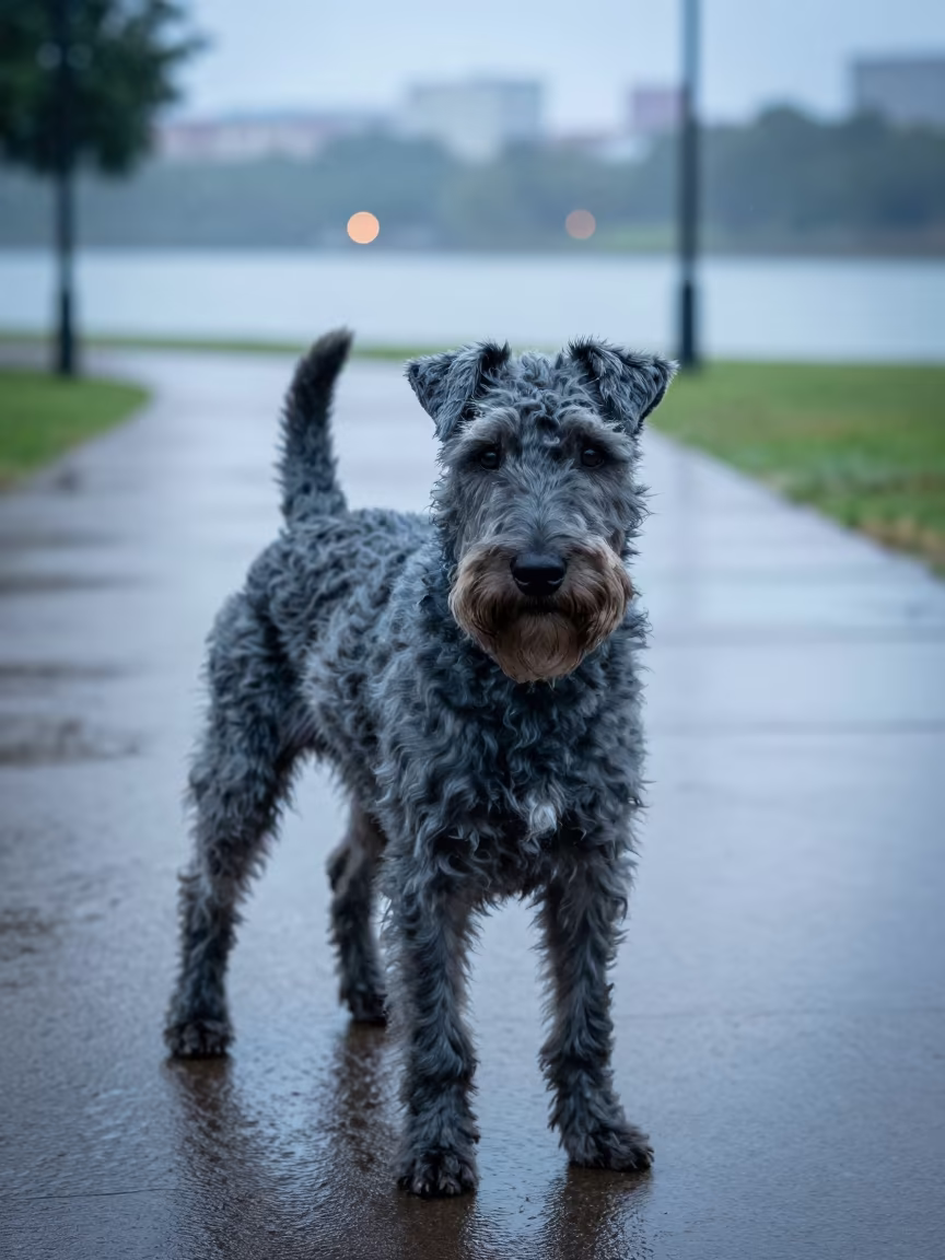 Kerry Blue Terrier Portrait on Park Path in along a quiet park path with soft open shade and a clean background in Bouake