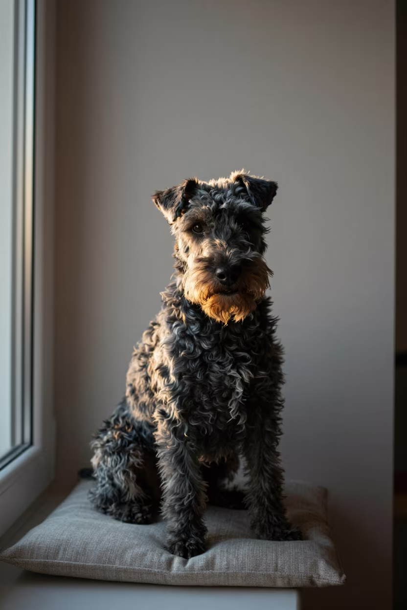 Kerry Blue Terrier Portrait on Window Seat in on a cushioned window seat with soft side light and an uncluttered background in Las Vegas