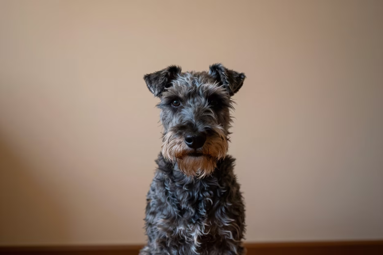 Kerry Blue Terrier Portrait Soft Indoor Light Singapore in beside a plain plaster wall in soft indoor light with the animal centered in frame in Clarke Quay, Singapore