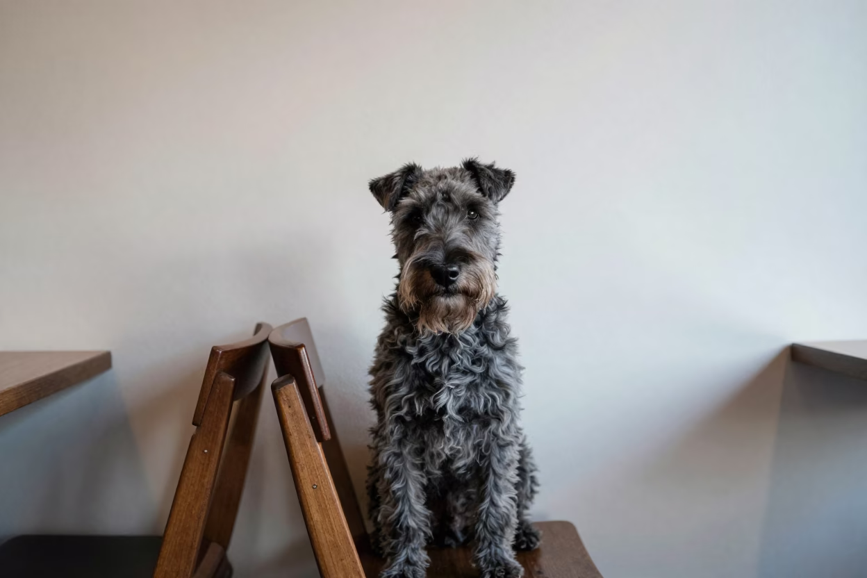 Kerry Blue Terrier Portrait Soft Indoor Madison in beside a plain plaster wall in soft indoor light with the animal centered in frame in Madison