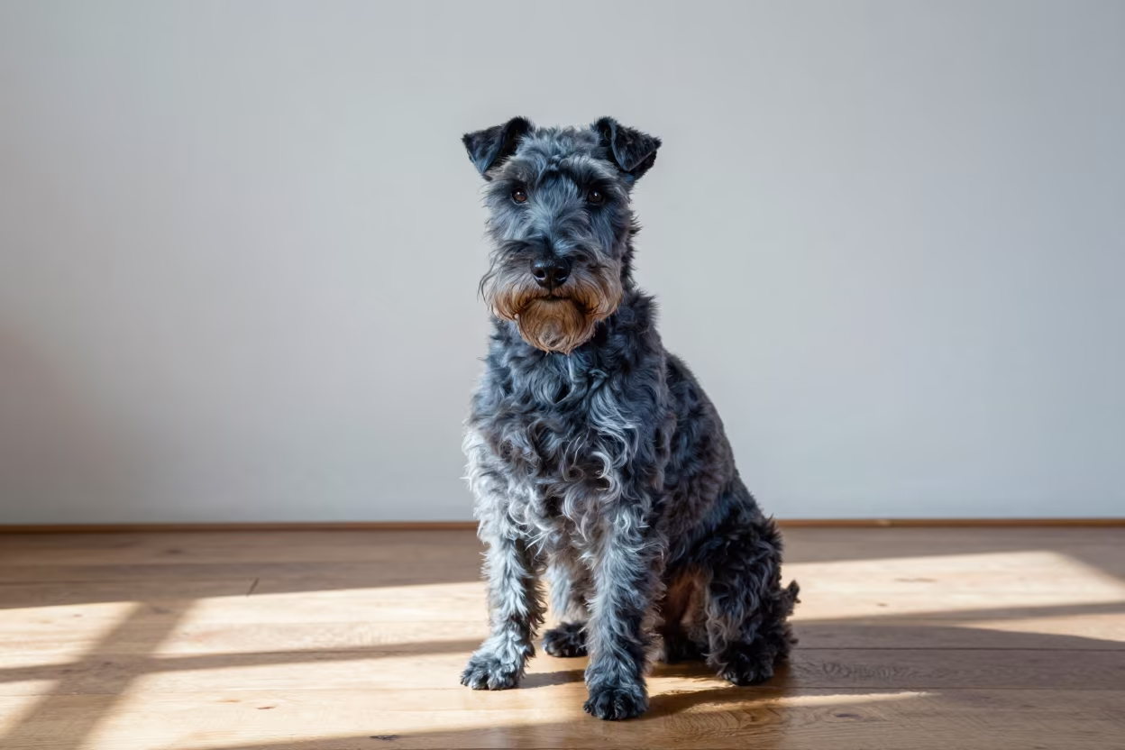 Kerry Blue Terrier Portrait Studio Perugia 1955 in in a quiet portrait studio with a plain backdrop and eye-level framing in Perugia
