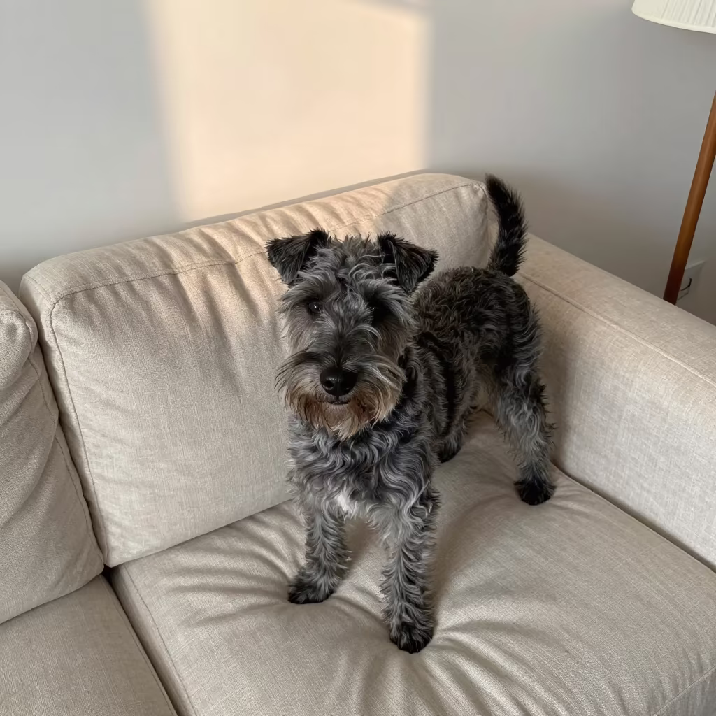 Kerry Blue Terrier Resting on Linen Sofa in on a linen sofa with daylight from a nearby window in Zhangjiajie