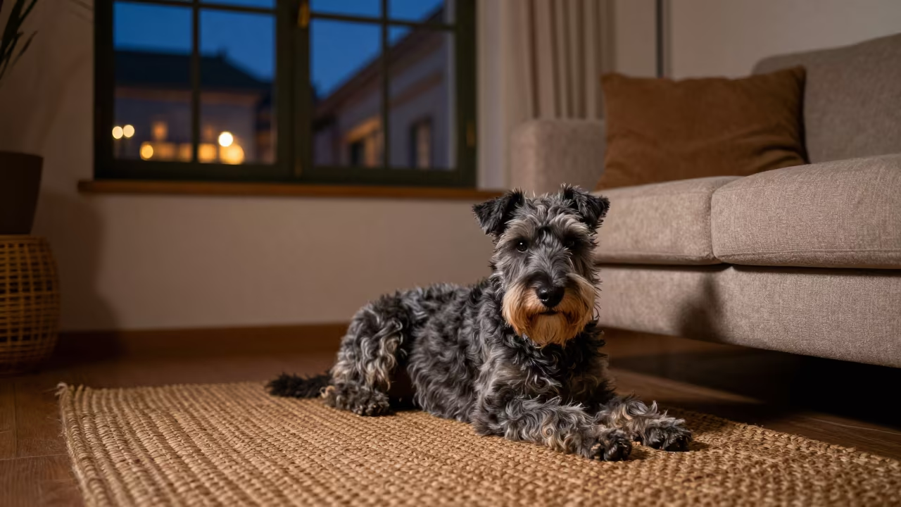 Kerry Blue Terrier Resting on Rug in Seville Home in on a woven rug beside a low couch and an uncluttered wall in Seville