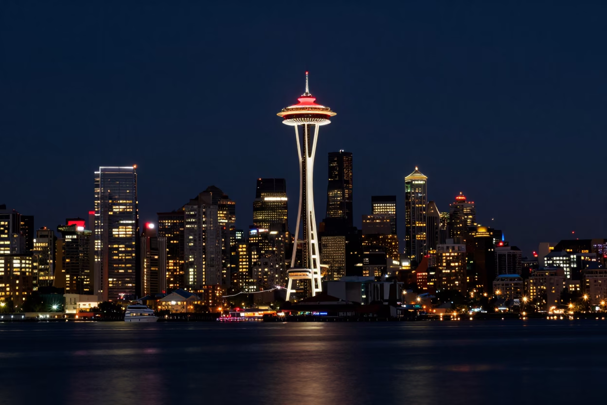 Kerry Park in Seattle at Midnight Light in in Seattle, Washington, United States