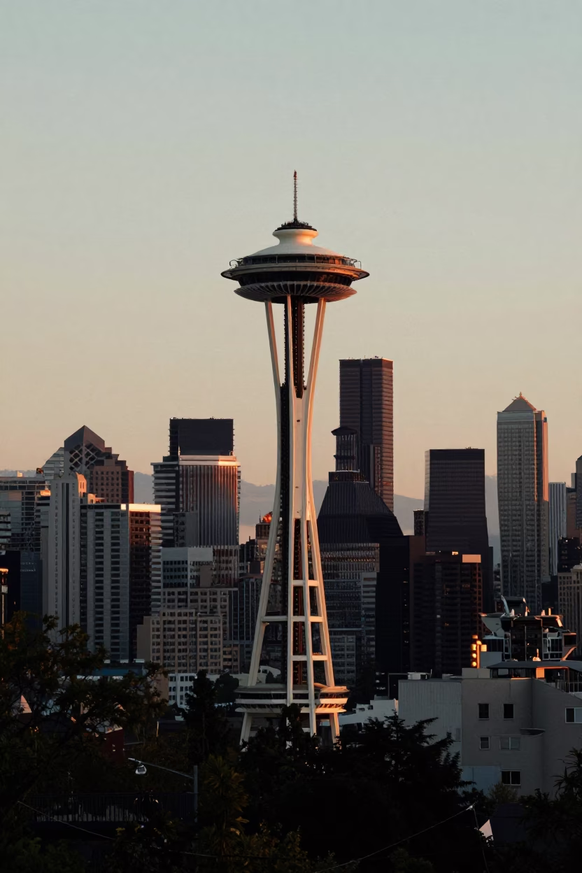 Kerry Park in Seattle at Sunset Light in in Seattle, Washington, United States