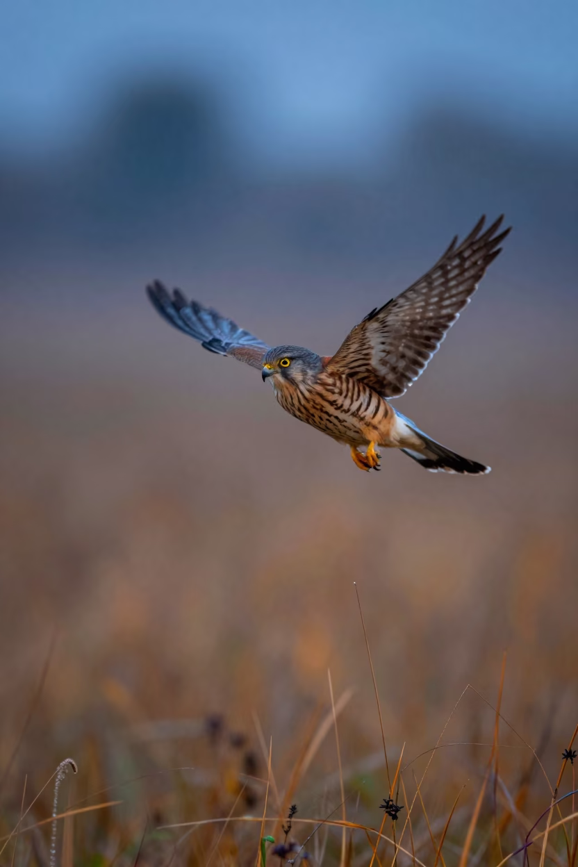 Kestrel Hovering Baghdad Meadow in Indigo Twilight in near Baghdad