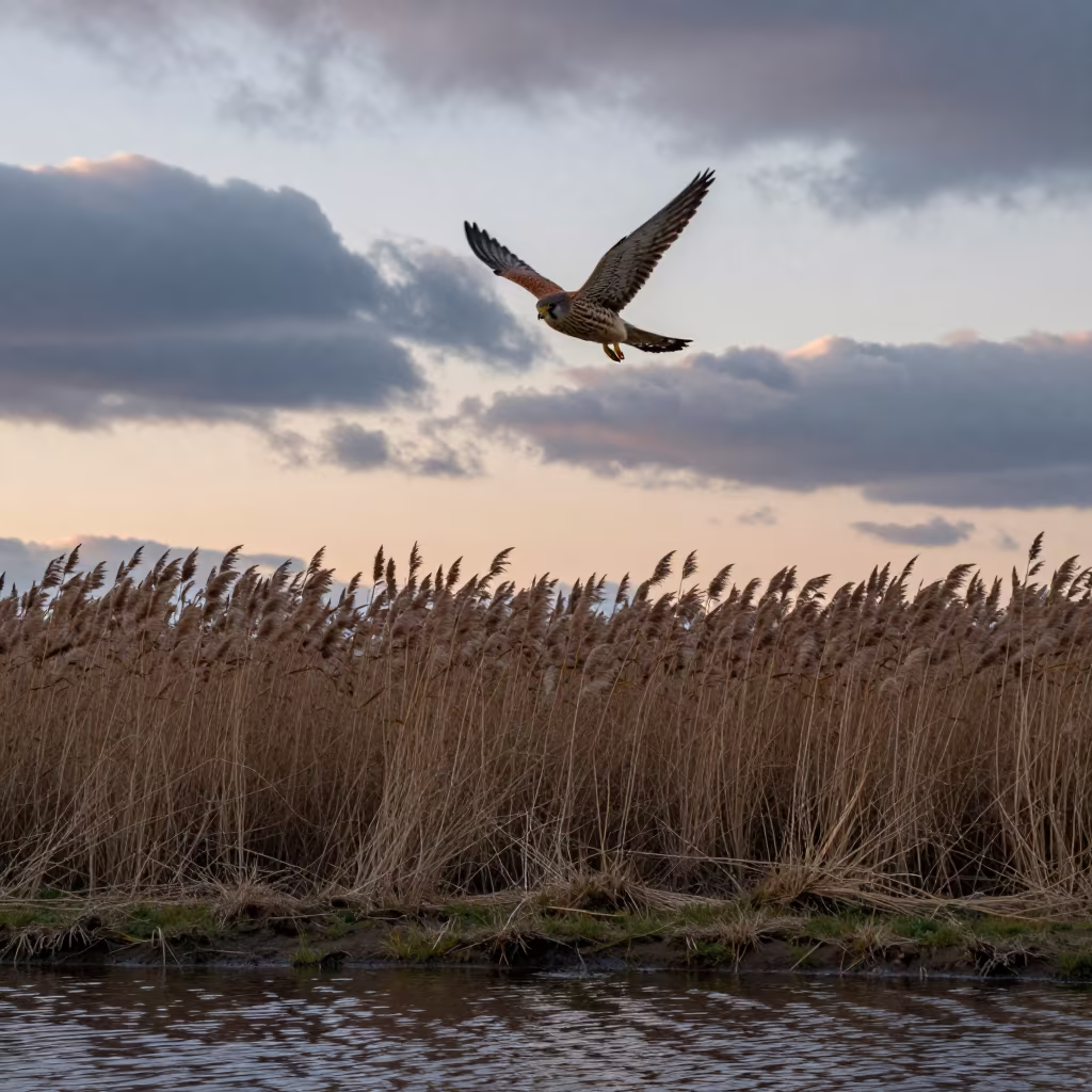 Kestrel Hovering Over Meadow at Twilight in at the edge of a reed bed near Masan