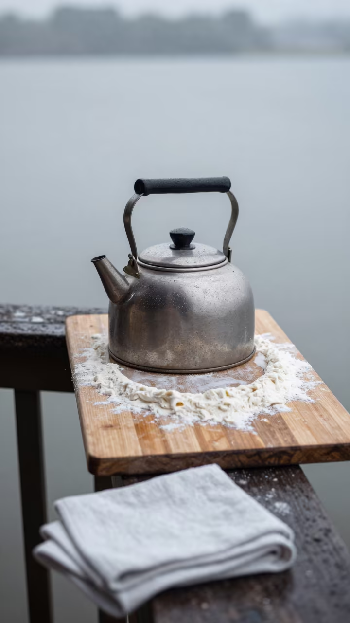 Kettle on Flour Dust Pier Railing Midmorning in on a pier railing near Villa Nueva