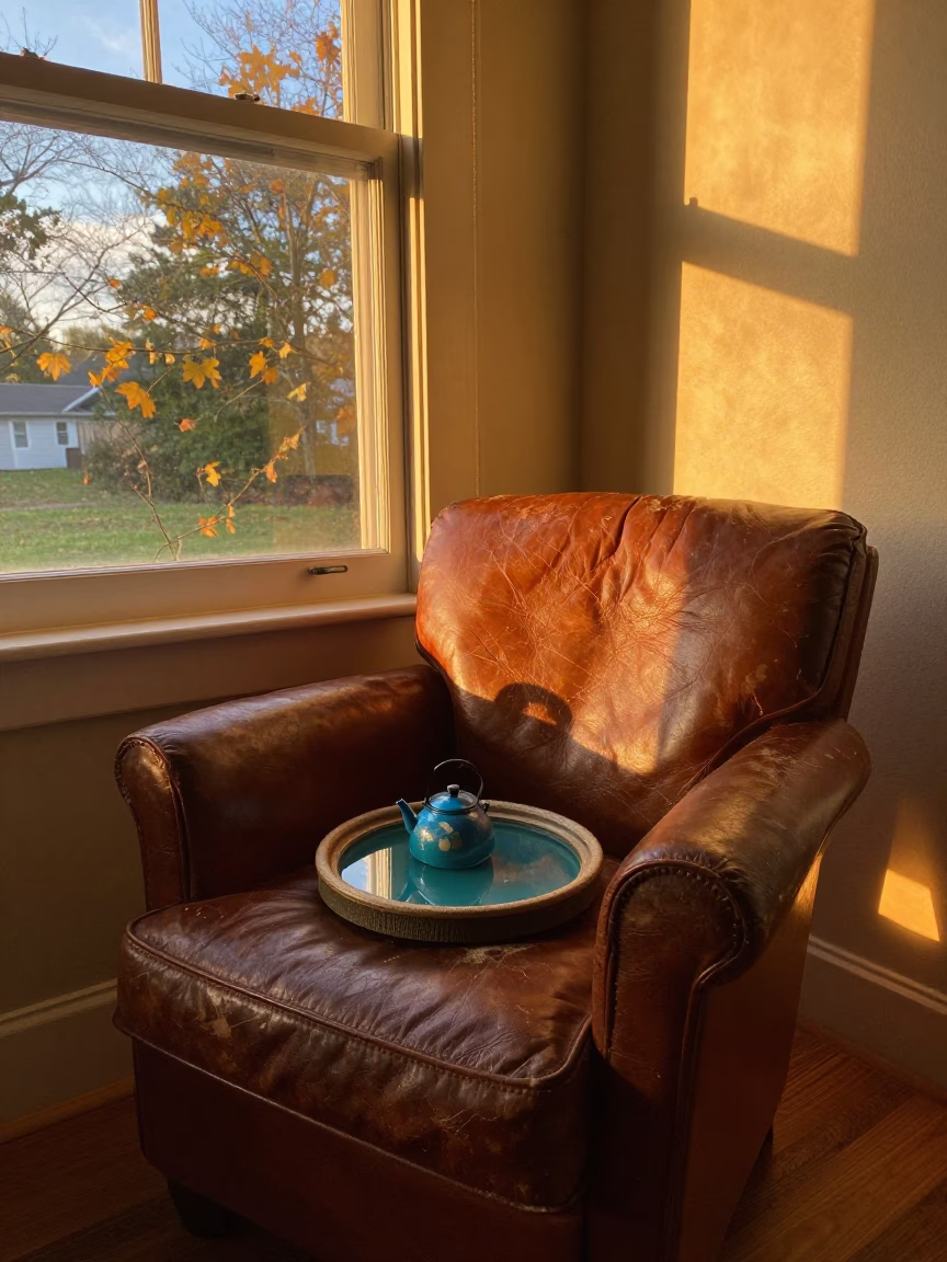 Kettle Lake on Leather Chair in Golden Light in on a worn leather armchair in Solapur