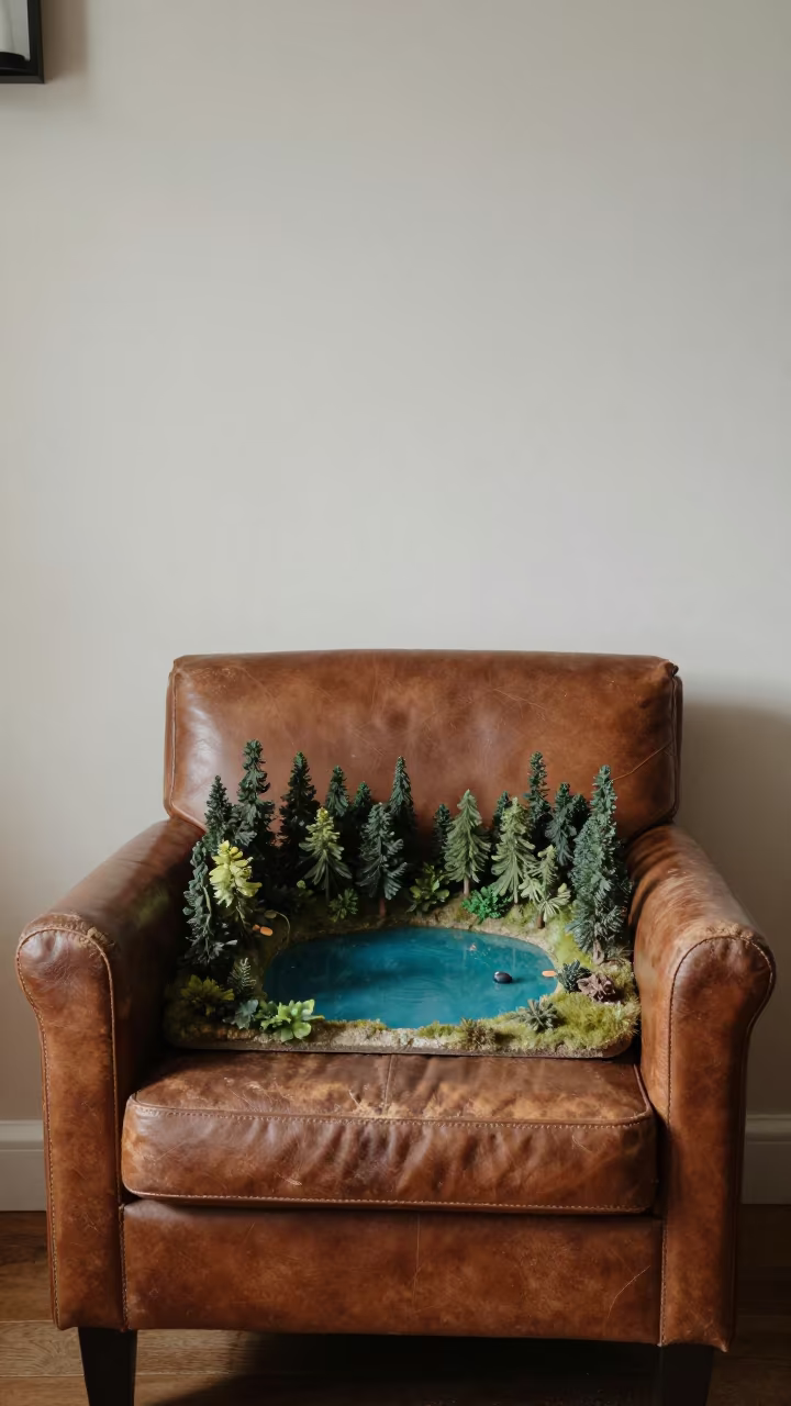 Kettle Lake Model on Leather Chair in on a worn leather armchair in İskenderun