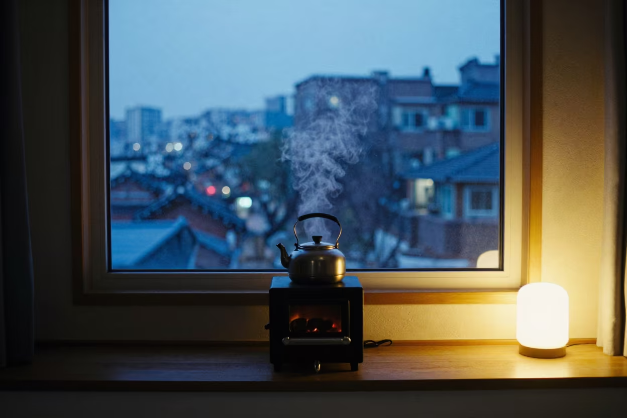 Kettle Singing on Wood Range in Seoul Window Seat in on a window seat in Jongno, Seoul