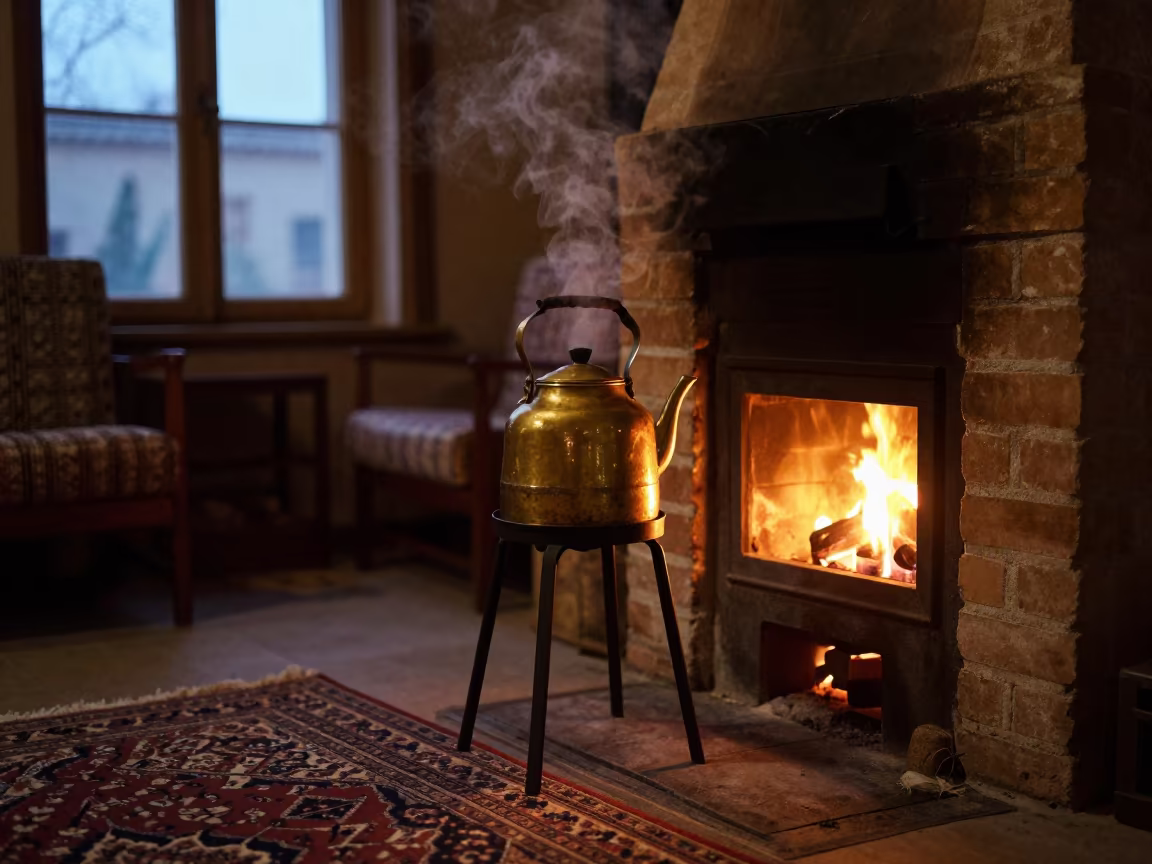 Kettle Singing on Wood Range at Tehran Twilight in in a sunlit living room near Tehran