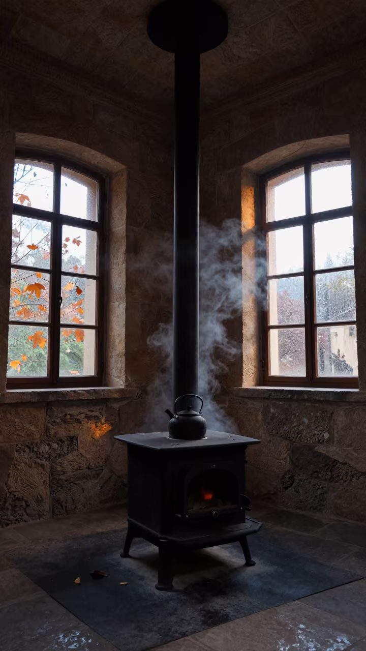 Kettle Steam on Stone Stove in Ouargla Atrium in inside a vaulted atrium in Ouargla